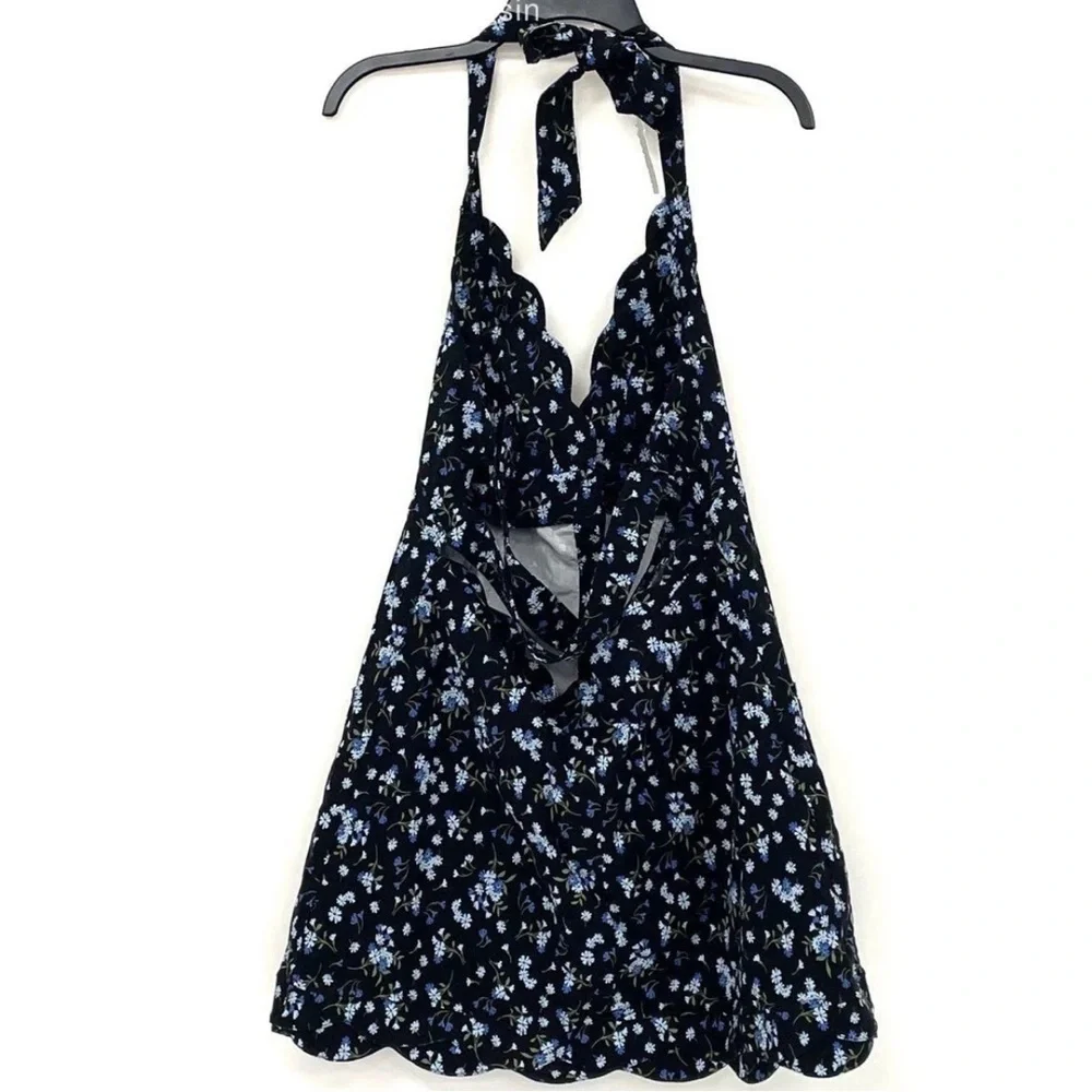 Anthropologie Maeve Black & Blue Floral Halter Dress | Fit & Flare Sz 14 - Picture 5 of 6